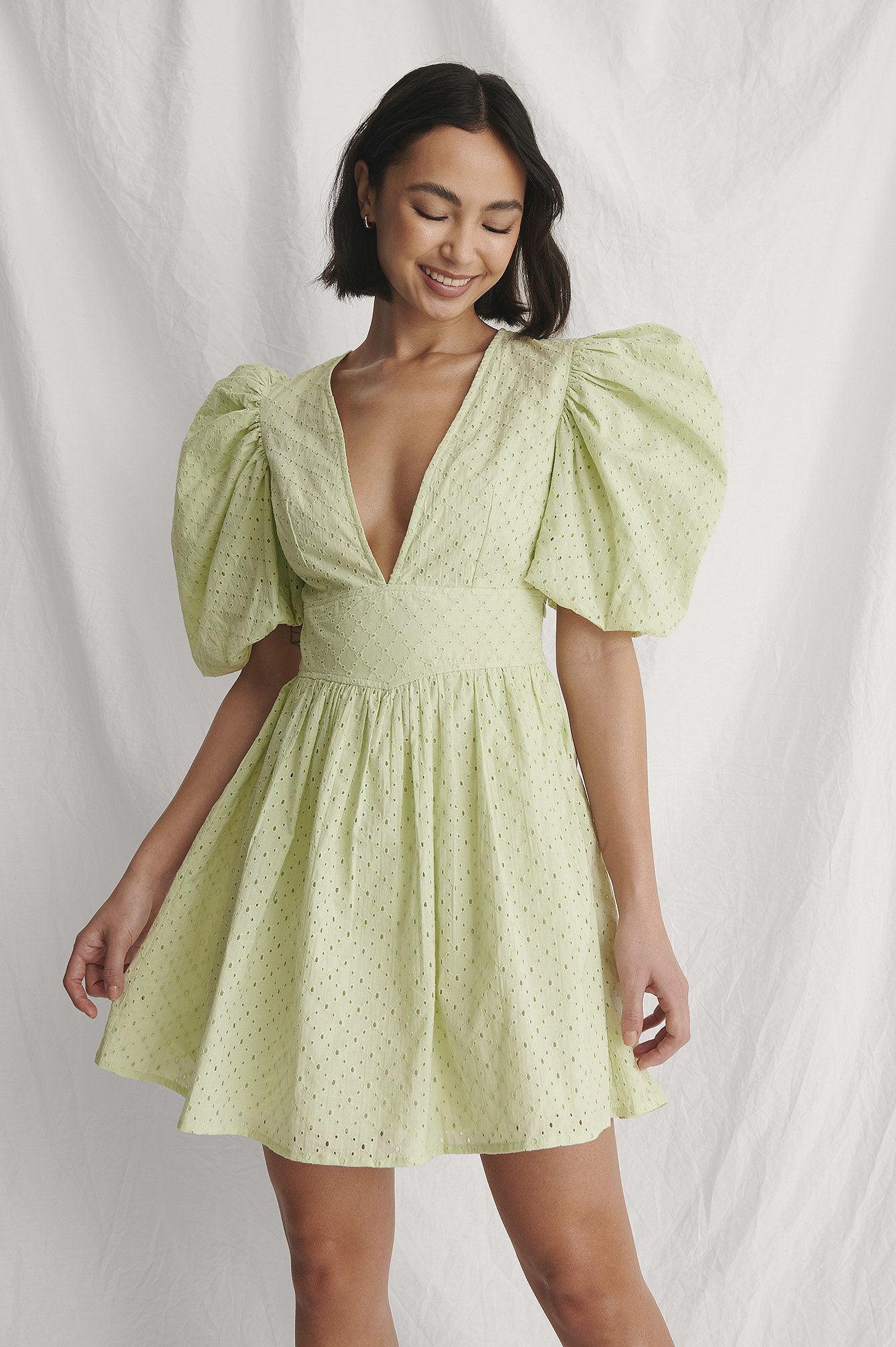 Puffy Sleeve Marked Waist Dress Green ...